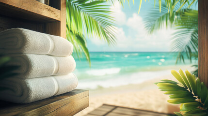 Naklejka na ściany i meble Luxurious white towels await, overlooking a tranquil turquoise ocean vista. Palm fronds frame this serene tropical escape.