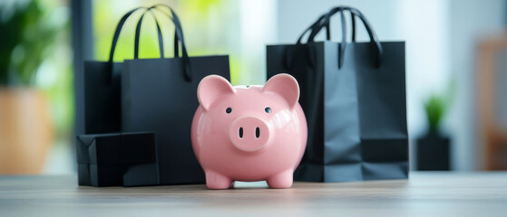 Cute Pink Piggy Bank Surrounded by Shopping Bags Symbolizing Saving Money and Spending Habits