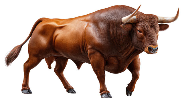 Majestic Bull: A powerful bull strides confidently, its muscular build and imposing horns a testament to its strength and presence. This photorealistic image of the bull.