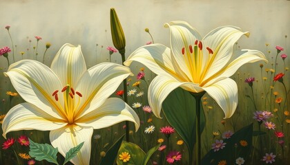 Close-up of elegant white lilies with yellow centers in a vibrant garden