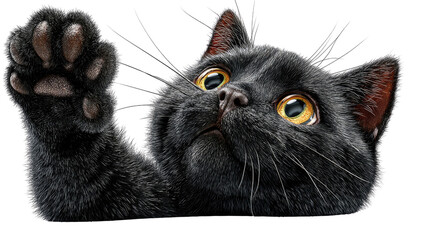 Black Cat's Pawful Greetings: A playful, black cat, with bright eyes and a curious expression, extends its paw in a gesture of greeting, inviting viewers into a world of feline charm and personality.