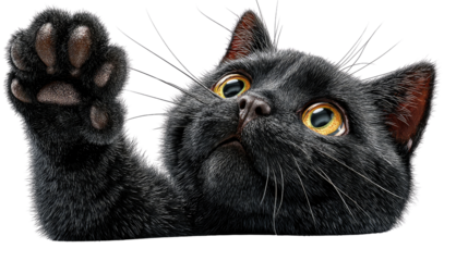 Black Cat's Pawful Greetings: A playful, black cat, with bright eyes and a curious expression, extends its paw in a gesture of greeting, inviting viewers into a world of feline charm and personality.