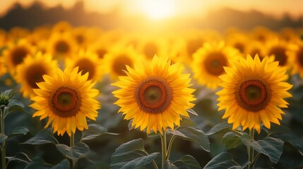 Obraz premium Golden Hour in the Sunflower Field: A Serene Summer Landscape