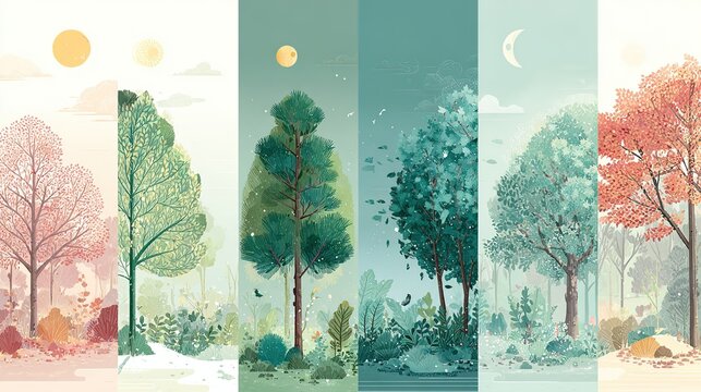 Interactive seasonal change educational card with four weather panels, soft pastel colors for children's nature learning materials