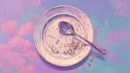 Empty plate with remnants of food, pastel colored background