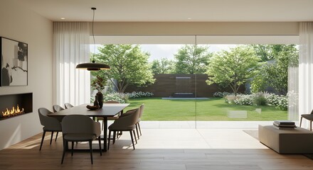 Fototapeta premium Modern Dining Room with Fireplace and Garden View