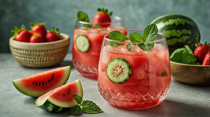 Hydrating Summer Recipe with Watermelon, Strawberries, and Cucumber Water.