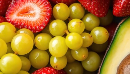 Close-up of fresh and vibrant fruits: grapes, strawberries, and avocado