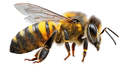 Busy Bee: Close-up shot of a bee showcasing the intricate details of its body, symbolizing the essential role bees play in pollination. 