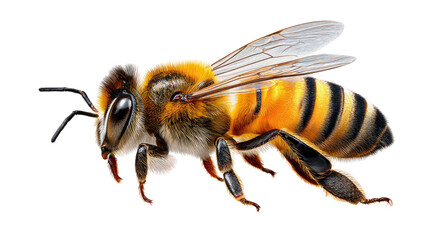 Honeybee in Flight: A detailed close-up of a honeybee in flight, showcasing its intricate body, hairy thorax, and striped abdomen against a clean background.