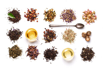 An assortment of various dry tea leaves, showcasing different textures, colors, and blends