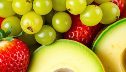 Close-up of fresh fruits: grapes, strawberries, and avocado, ideal for healthy eating