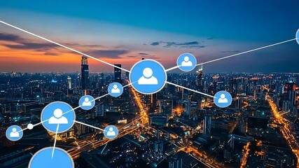 A panoramic city skyline at dusk with digital social network connections overlaying urban life - Powered by Adobe
