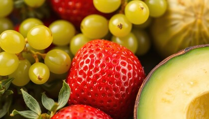 Close-up of fresh fruits including grapes, strawberries, and avocado