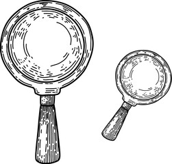 Illustration of magnifier in vintage engraving style. Design element for logo, emblem, sign, poster, card, banner. Vector illustration