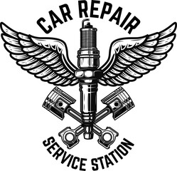 Winged motorcycle spark plug. Design elements for logo, label, sign, menu. Vector illustration