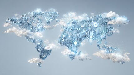 Digital World Map with Technology Icons and Cloud Elements