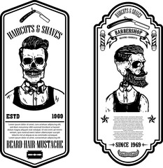 Barber shop flyer template. Barber's skull and tools on grunge background. Design element for emblem, sign, poster, card, banner. Vector illustration