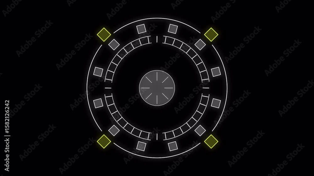 Poster animated circular tech interface with glowing yellow markers.alpha chanel video.