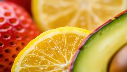 Close-up of fresh fruits including lemon, avocado, and strawberry