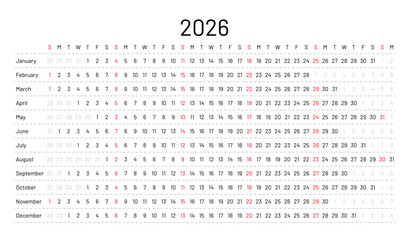 2026 calendar. Linear horizontal planner for year. Yearly calender template. Week starts Sunday. Annual schedule grid with 12 months. Landscape orientation, English. Vector illustration. Simple design