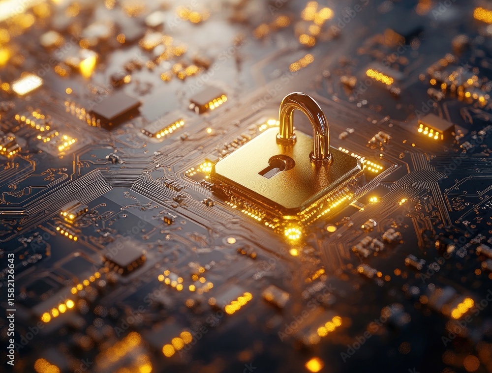 Poster golden padlock on a circuit board. illuminated circuit traces and components surround a golden padlo