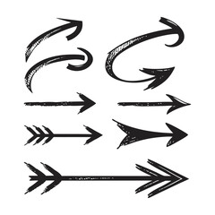 Arrow brush line chalk sketch texture brush vector set. Crayon marker scribble sketch stroke arrow element line brush hand drawn design. Texture abstract chalk, crayon style. Vector illustration