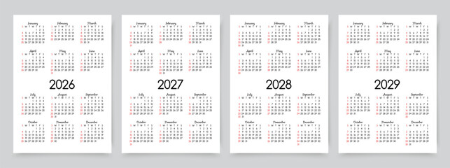 2026, 2027, 2028, 2029 calendars. Calender templates. Yearly organizer. Simple planner in English. Week starts Sunday. Scheduler layout with 12 month. Portrait orientation, A4. Vector illustration