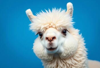 Fototapeta premium Fluffy white alpaca with comical expression against vibrant blue background, comic, blue