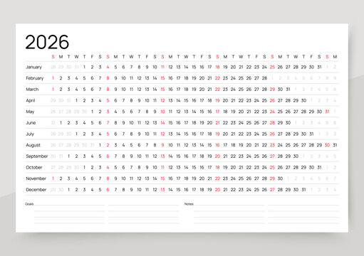 Calendar 2026 year. Linear planner template. Horizontal yearly calender layout. Timetable grid with 12 month. Week starts Sunday. Annual schedule in rows. Desk monthly organizer. Vector illustration