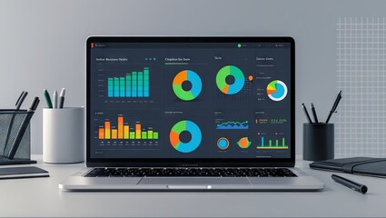 A laptop displays charts and graphs for business accounting and statistical analysis, featuring a sleek, modern UI/UX design typical of a business dashboard or admin interface toolkit