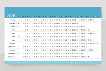 2026 calendar. Linear calender template. Annual organizer. Week starts Sunday. Horizontal scheduler. Yearly planner layout. Long grid with 12 month, English. Landscape orientation. Vector illustration