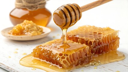 Golden honey slowly pours from a dipper into a glass jar, framed by glistening honeycomb pieces that emphasize nature’s pure sweetness.