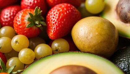 Close-up of fresh fruits, including strawberries, grapes, and avocado slices