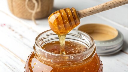 Golden honey slowly pours from a dipper into a glass jar, framed by glistening honeycomb pieces that emphasize nature’s pure sweetness.