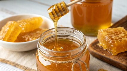Golden honey slowly pours from a dipper into a glass jar, framed by glistening honeycomb pieces that emphasize nature’s pure sweetness.