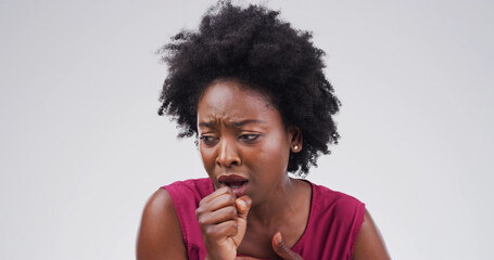 Cough, sick and black woman in studio with chest infection, respiratory disease and illness. Mockup...