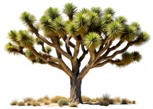 A majestic joshua tree stands tall with its unique spiky branches and green leaves, isolated on a transparent background