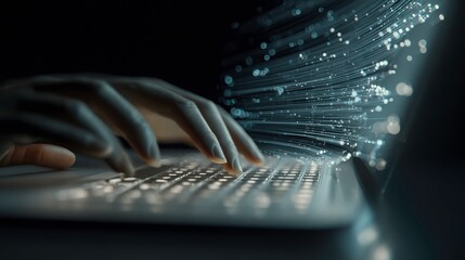 Hands Typing on Laptop with Digital Light Trails and Data Flow Effect