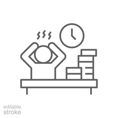 Overworked Employee Icon. Outline Style. Editable Stroke Vector. Stressed Worker at Office Desk with Paper Stack and Clock. Labor Shortage Crisis. Burnout Problem. Productivity Pressure Symbol.