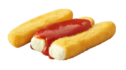 Golden Crispy Fried Potato Snack Sticks Topped with Ketchup on a Transparent Background