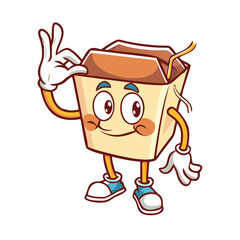 Cute Noodle Takeout Box Mascot with OK Hand Perfect Gesture. Vector Hand drawn Illuustration Cartoon Retro