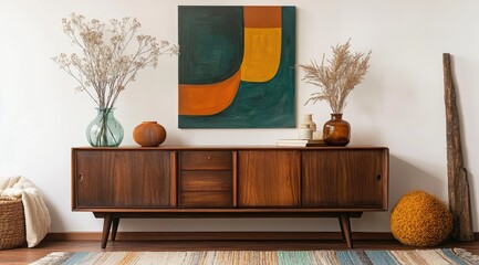 Mid-century modern living room with art and sideboard