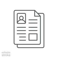 Job Resume Icon. Outline Style. Editable Stroke Vector. Applicant Profile Document for Employment. Labor Shortage Challenge. Recruitment Symbol. Staff Selection and HR Candidate File Illustration.