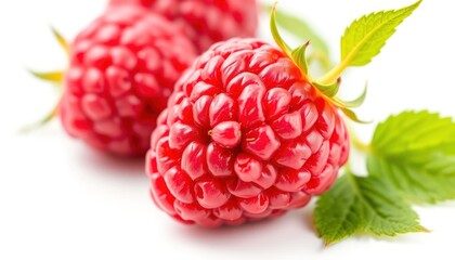 Close-up of fresh raspberries with green leaves on a white background