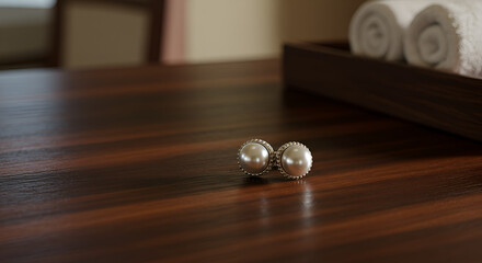 Pearl earrings on a wooden table