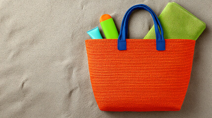 Beach accessories, bag, towel, suntan products on the sand, top view, copy space