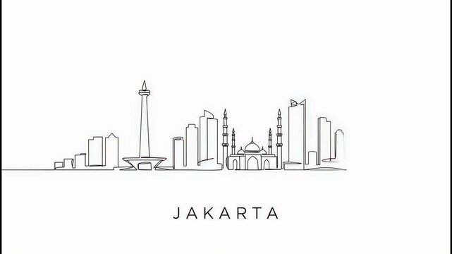 Animated Drawing of Jakarta, Indonesia Skyline. Continuous Single Line Art Reveal on White Background. 4K.