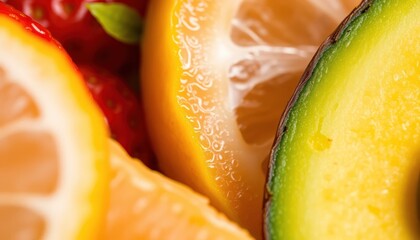 Close-up of fresh sliced fruits including strawberries, oranges, and avocados