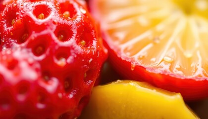 Close-up of fresh strawberries and lemons, healthy fruits, vibrant colors